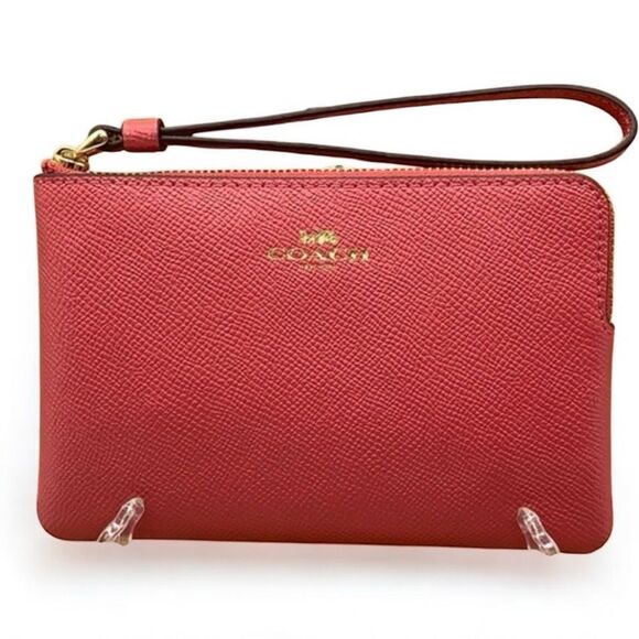 COACH Berry Coral Corner Zip Wristlet NWT Leather Clutch with Strap - Picture 13 of 17